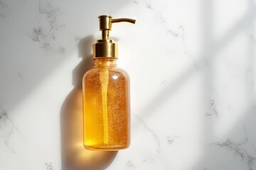 Gold Pump Dispenser Bottle of Luxurious Golden Serum on Marble