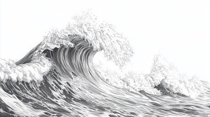 Monochrome rendering of powerful ocean swells captured in detailed illustration
