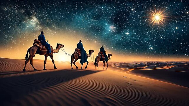 Desert journey, three wise men and camel, starry night