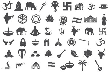 A set of Hinduism related vector icons, including symbols of gods, temples, religious rituals, and traditional elements.