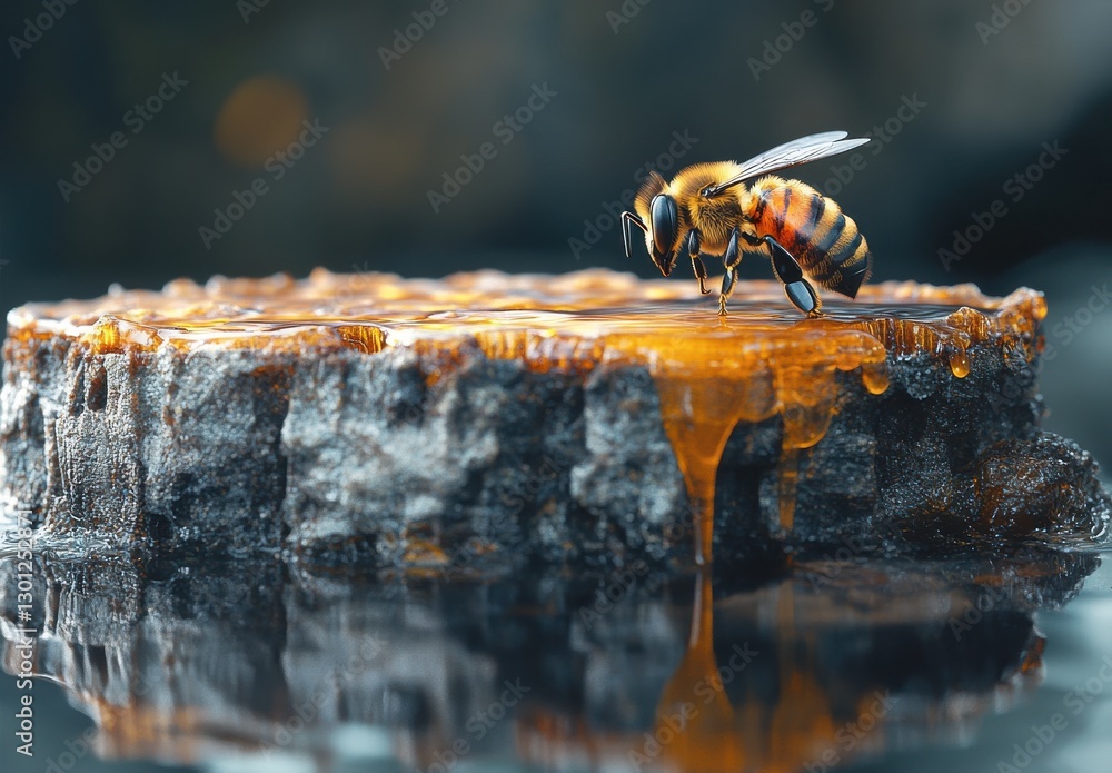 Poster close-up of a honeybee collecting nectar from a glorious honeycomb with dripping honey in a serene n