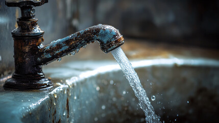 Close-up of a rusty faucet with water flowing into a sink, showcasing corrosion, water droplets, and household plumbing in a rustic environment
