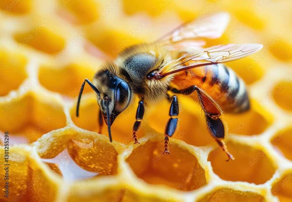 Poster close-up of a honeybee collecting nectar on honeycomb in a bright yellow beehive with detailed focus