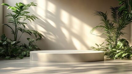 An abstract minimal nature scene with an empty stage and a white polygonal podium on a beige background with soft shadows of plant leaves. This pedestal is perfect for showcasing cosmetic product