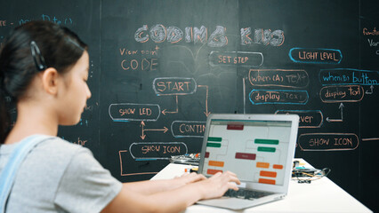 Young happy asian girl coding and programing prompt at blackboard. Highschool student using laptop...
