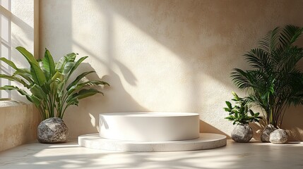 An abstract minimal nature scene with an empty stage and a white polygonal podium on a beige background with soft shadows of plant leaves. This pedestal is perfect for showcasing cosmetic product