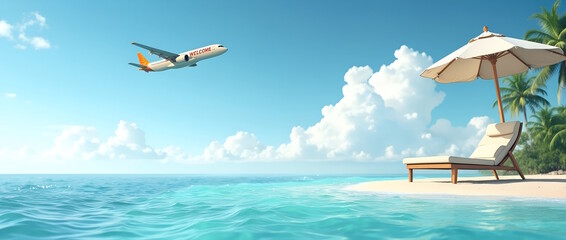 airplane in the sky, travel package, flight, hot countries, island, sea.