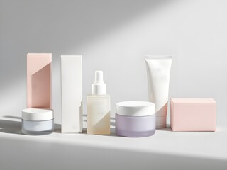 Minimalist Collection of Cosmetic Skincare Products Arranged in a Neat Row on Light Surface