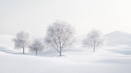 Obraz premium Minimalist snowy trees in a serene winter landscape with a soft, calming aesthetic Snow-covered landscape with three frosted trees in a foggy setting.