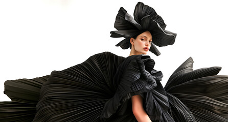 Fashion editorial Concept. Slick back hair girl of high fashion couture tulle flowing conceptual and pleats petal like black dark bridal angel dress headgear headpiece hat. copy text space	
