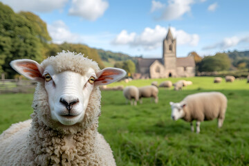 Fototapeta premium Close-up of a sheep in a field, with a church in the background on a partly cloudy day. The sheep looks directly into the camera.