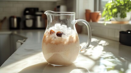 A glass pitcher of chilled homemade date and almond milk served with crushed ice cubes