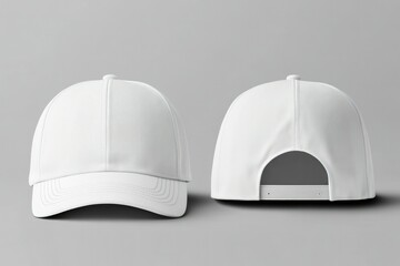 A white baseball cap mockup with a curved brim and a velcro closure at the back. The cap is shown in two views, the front and the back, against a grey background.