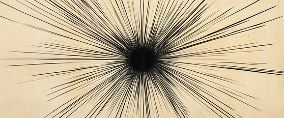 Obraz premium Abstract radial lines extending outward from a central black circle, creating a striking starburst effect on a beige background, symbolizing energy, motion, and contrast.