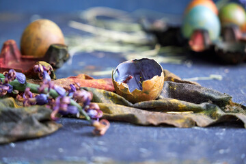 colored pallet with Easter eggs painted with natural dyes stands on a dark blue background, top view