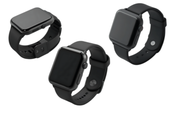 wrist smart watch mockup with black strap, png file of isolated cutout object with shadow on transparent background