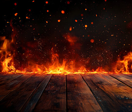 wooden table with Fire burning at the edge of the table, fire particles, sparks, and smoke in the air, with fire flames on a dark background to display products and spicy foods