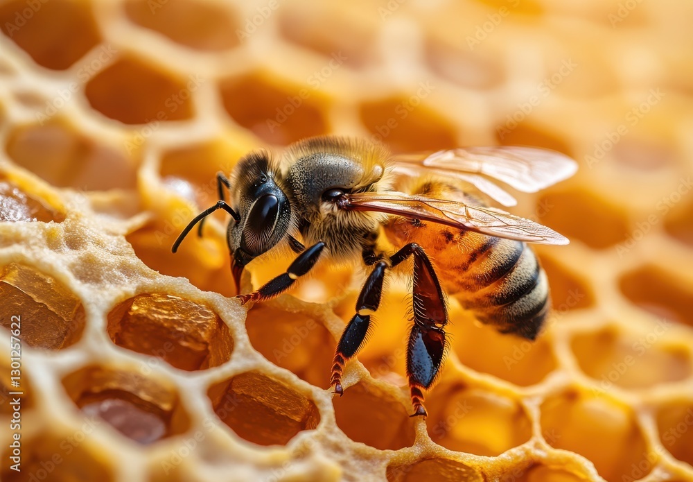 Poster close-up of a honeybee on a honeycomb cell with beautiful golden light highlighting its textures and