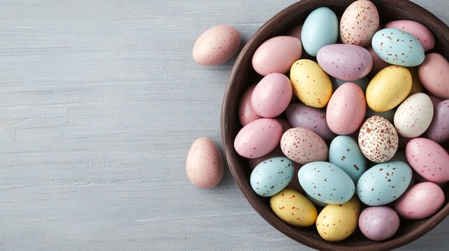 Easter Holiday, Easter Concept, Pastel Easter Eggs in Brown Bowl on Wooden Background Spring Holiday Treats