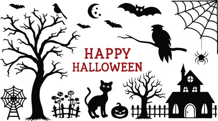 Set of Halloween silhouettes black icon and character SVG. Vector illustration with Isolated on white background.
