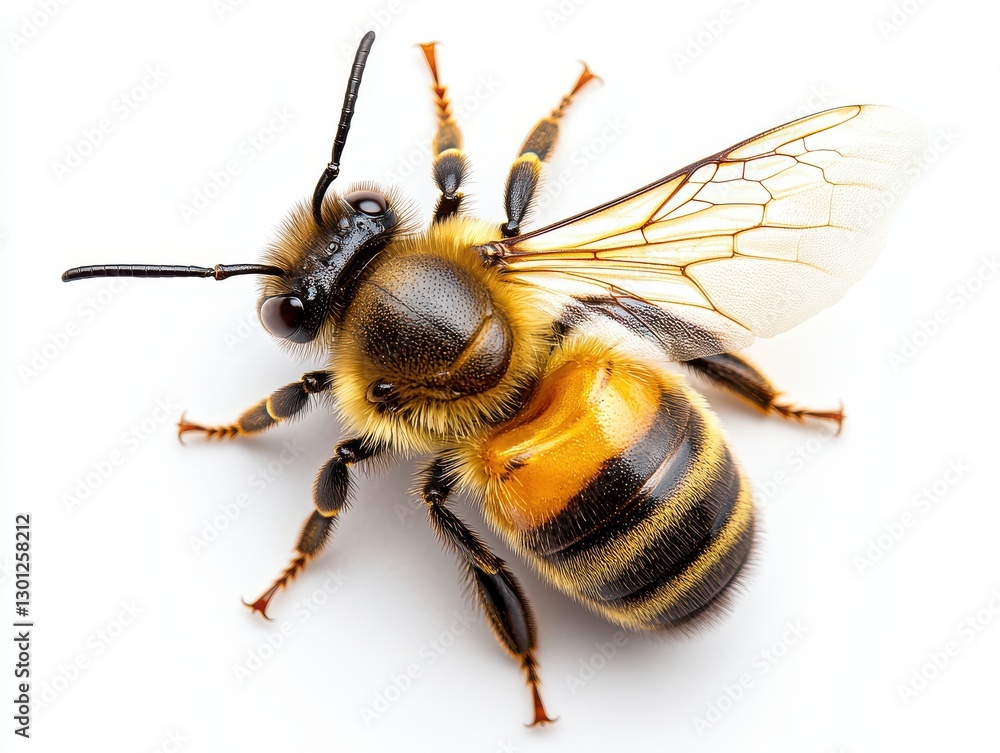 Poster close-up of a honeybee on a white background capturing fine details of insect body structure and win