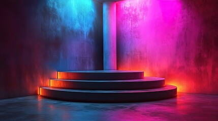An abstract surreal scene an empty stage with a cylinder podium on a holographic pastel neon colored background.