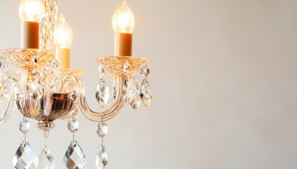 Blurred reflections of a high-end crystal chandelier, softly glowing in warm champagne and ivory tones