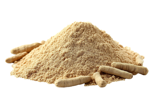 Pile of Ashwagandha powder, isolated on transparent background. high resolution PNG file