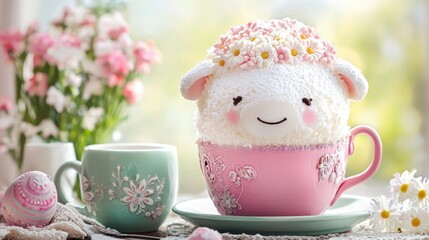 A pink cupcake with a smiling face sits on a green saucer, accompanied by a teal cup and a vase of pink and white flowers.