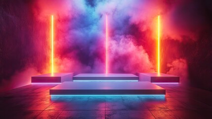 An abstract surreal scene an empty stage with three rectangle white podiums on a pastel neon holographic colored background.