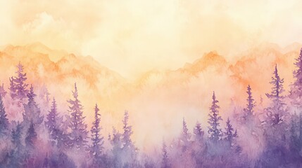 Watercolor painting of a misty mountain landscape with trees and distant peaks