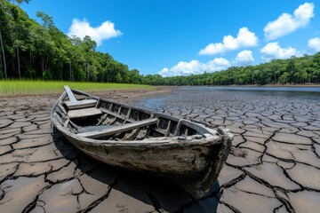 Obraz premium A dried-up jungle river due to deforestation, with cracked soil and abandoned boats