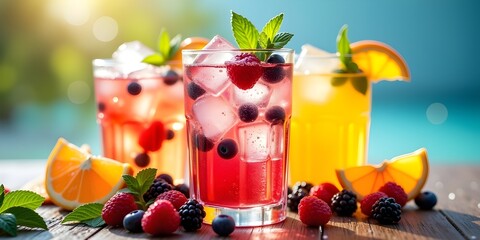 Vibrant Refreshing Beverages with Fruits and Mint Leaves in Tall Glasses with Ice Cubes