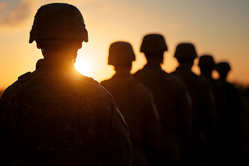Silhouette of soldiers stand against golden sunset; symbol of duty, strength, and unity on display. The line of military personnel evokes a sense of patriotism.