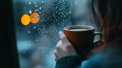 person enjoying a cup of tea on a rainy evening, looking out the window, raindrops on the glass, moody lighting