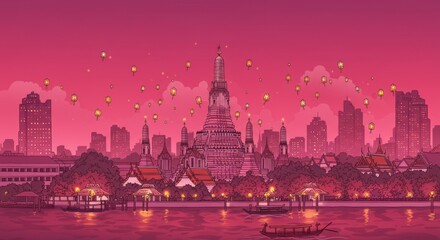 Obraz premium Bangkok Skyline at Sunset: Grand Palace in Warm Magenta Hues
