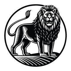 Obraz premium Majestic Lion silhouette vector Illustration in Bold Black and White with a white background, in a round shape.