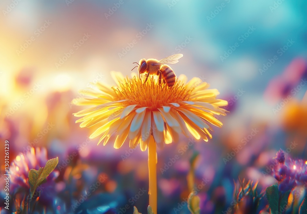 Aufkleber close-up of a honeybee pollinating a vibrant flower in a colorful meadow during a soft sunset with b