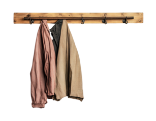 Handcrafted wooden coat rack displaying three stylish jackets in warm tones, perfect for adding charm to entryway decor, cut out