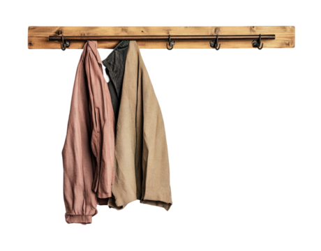Handcrafted wooden coat rack displaying three stylish jackets in warm tones, perfect for adding charm to entryway decor, cut out