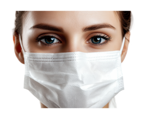 Woman wearing a facial mask highlights health awareness and safety during the pandemic in an indoor setting, cut out