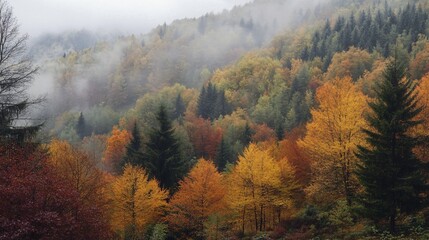 Fototapeta premium Enchanting Autumn Forest Scene with Mist in Background - Ideal for Nature-themed Designs