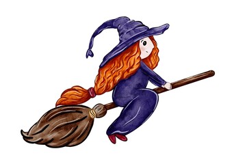 Illustration of halloween witch with broom on white background 