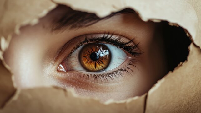 A Curious Gaze Through the Breach - A single brown eye peeks through a torn cardboard, symbolizing curiosity, vulnerability, secrecy, observation, and hidden potential