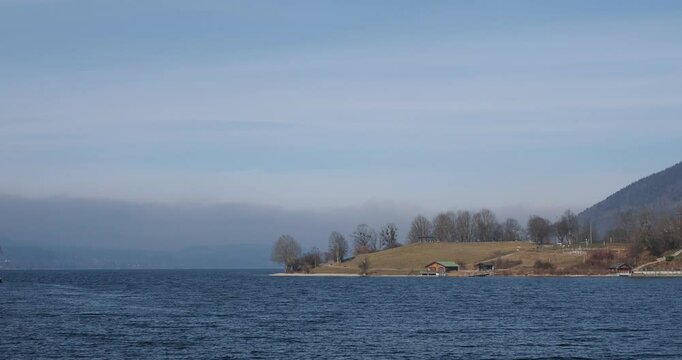 The Tegernsee leisure center and its small beach on the eastern shore of Lake Tegernsee, facing the mouth of the Rottach Bay