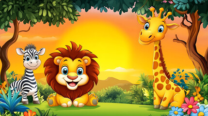 Naklejka premium Cheerful cartoon animals including a lion, giraffe, and zebra in a vibrant sunset setting copy space 