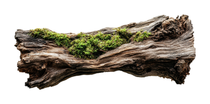 Natural wood log covered with vibrant green moss for decorative use in home design projects or nature-themed spaces, cut out