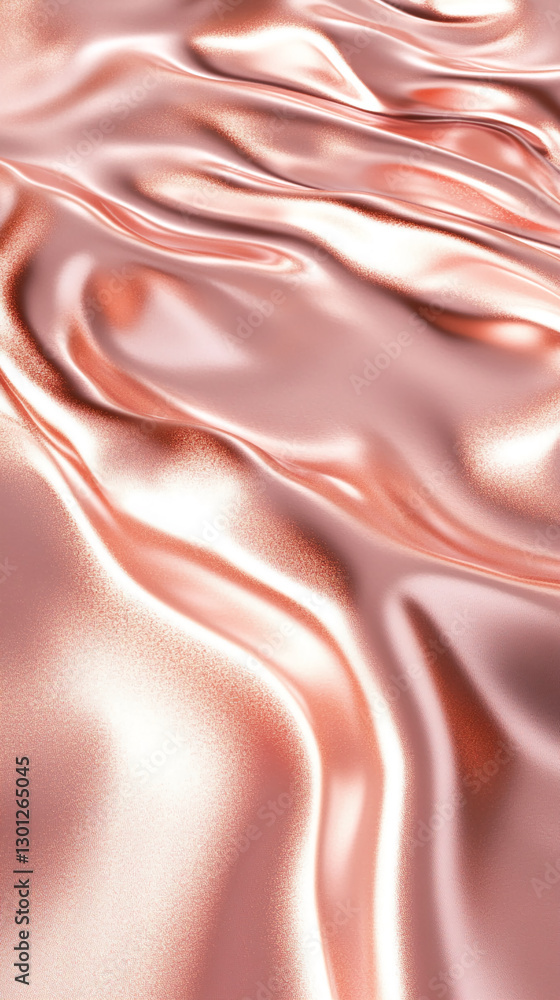 Poster close-up view of shiny rose gold fabric with smooth, flowing folds, creating a luxurious, soft textu