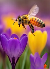 Fototapeta premium Close-Up of a Honeybee Pollinating Vibrant Purple and Yellow Crocus Flowers in a Garden Setting Under Soft Natural Light
