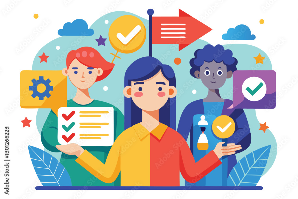 Poster three characters illustrate teamwork concepts with checklists, tools, and communication symbols high